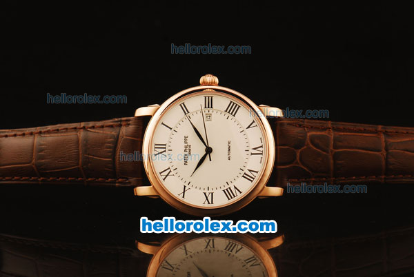 Patek Philippe Calatrava Swiss ETA 2824 Automatic Rose Gold Case with White Dial and Brown Leather Strap - Click Image to Close